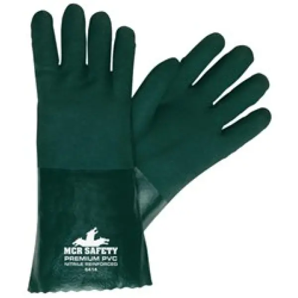 Premium PVC Coated Work Gloves Double Dipped with Sandy Green PVC Nitrile Reinforced Soft Jersey Lining 14" 1 Dozen #6414