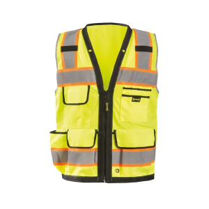 High-visibility neon yellow safety vest with reflective straps and multiple front pockets, zip closure.