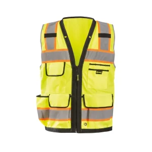 High-visibility neon yellow safety vest with reflective straps and multiple front pockets, zip closure.