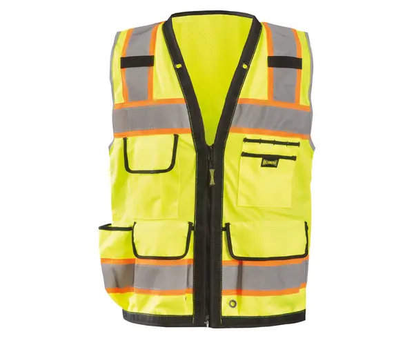High-visibility neon yellow safety vest with reflective straps and multiple front pockets, zip closure.