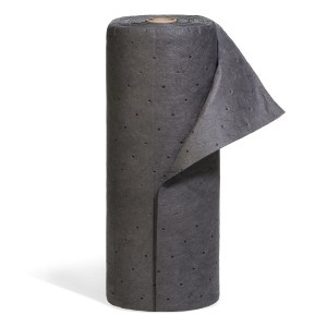 Dark grey roll of perforated roofing felt standing upright, with the edge peeled back to reveal layers