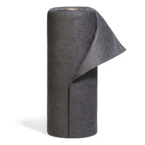 Dark grey roll of perforated roofing felt standing upright, with the edge peeled back to reveal layers