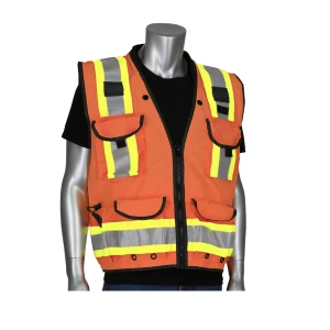 ANSI Type R Class 2 Two-Tone Fifteen Pocket Tech-Ready Ripstop Surveyors Vest with Mesh Back, Hi-Vis Orange, 1/EA #302-0900-OR