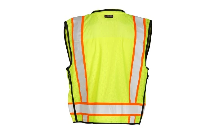 Back view of a neon yellow safety vest with reflective orange and silver stripes for high visibility
