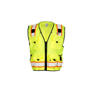 High-visibility neon yellow safety vest with reflective orange bands, multiple pockets, and a front zipper.