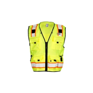 High-visibility neon yellow safety vest with reflective orange bands, multiple pockets, and a front zipper.