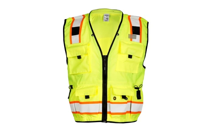 High-visibility neon yellow safety vest with reflective orange bands, multiple pockets, and a front zipper.