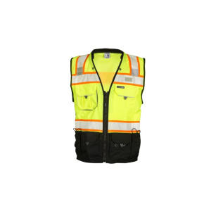 Neon yellow high-visibility safety vest with reflective orange bands and multiple front pockets.