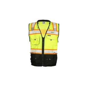 Neon yellow high-visibility safety vest with reflective orange bands and multiple front pockets.