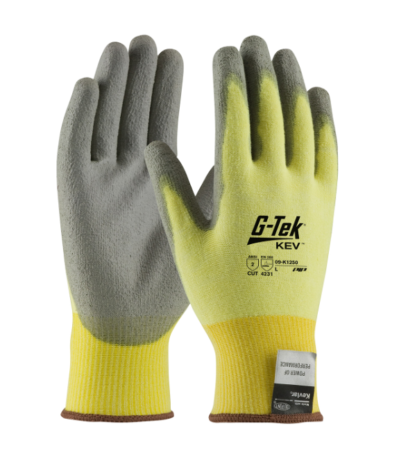 G-TEK KEV, YELLOW 15G KEVLAR/ELASTANE SEAMLESS KNIT, GRAY PU GRIP A2, 1 DZ #09-K1250