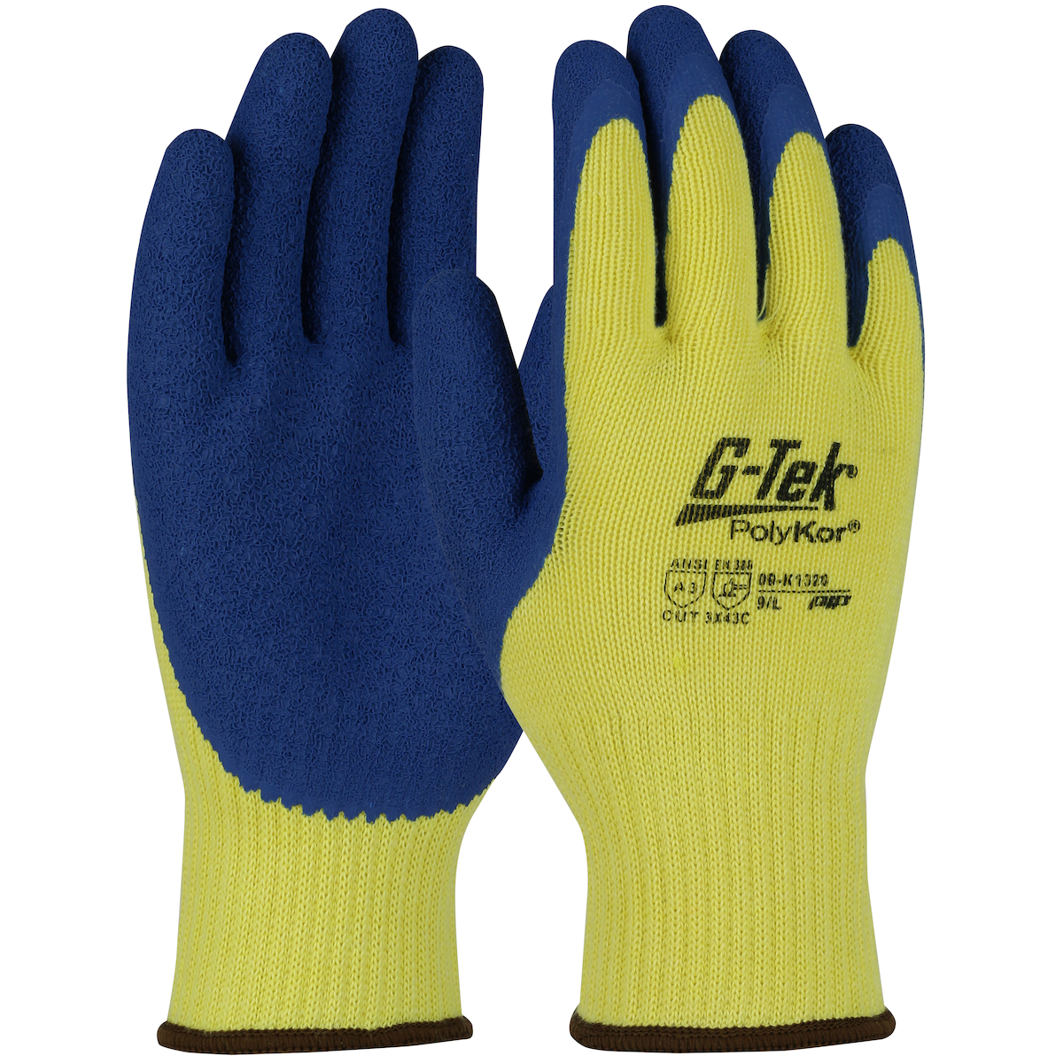 G-TEK POLYKOR, ARAMID/GLASS 10G YELLOW SHELL, BLUE LATEX CRINKLE GRIP, A3, 1 DZ #09-K1320